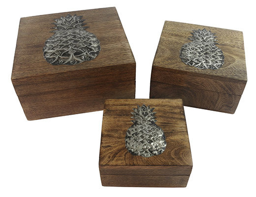 Mango Wood Pineapple Overlay Set Of 3 Boxes